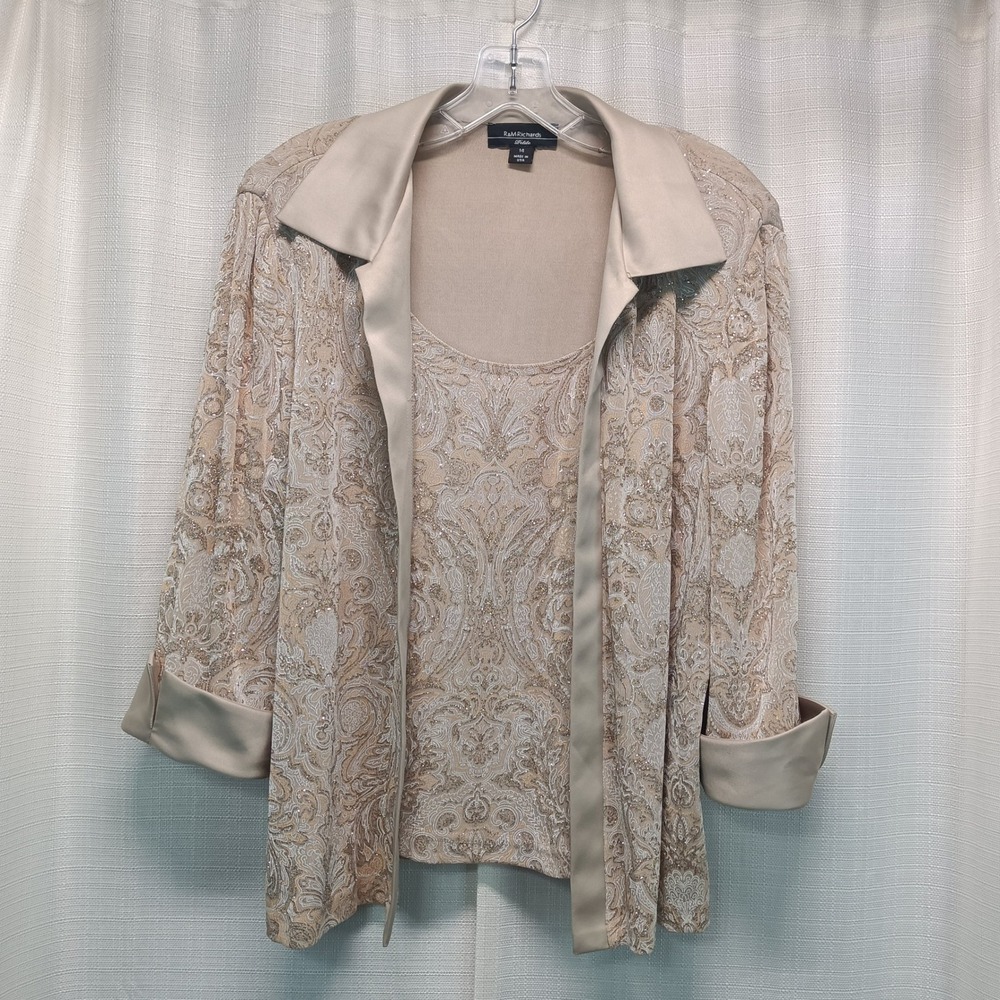 R&M Richards Petite 14 Gold Paisley Glitter Jacket Tank Set Formal Wedding 1pc